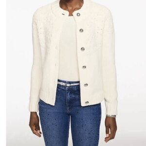 Talbots Pointelle Mockneck Cardigan Sweater Ivory Size M Button Front NWT $139